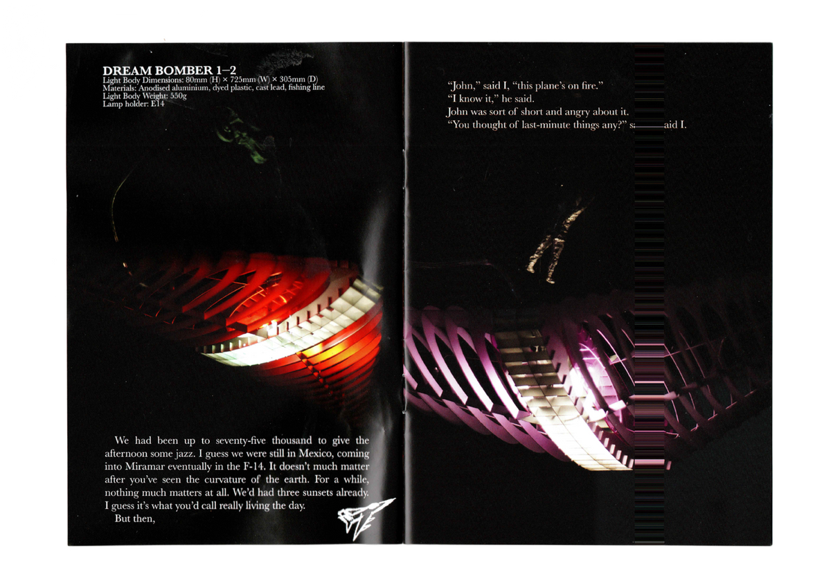 Air Space spread: Dream Bomber pendants 1 and 2 lit red and white, facing the Barry Hannah story