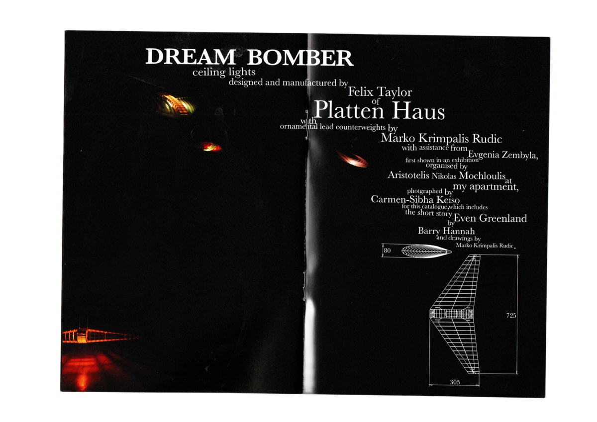 Air Space title spread crediting the Dream Bomber ceiling lights, with a dimensioned drawing of a pendant