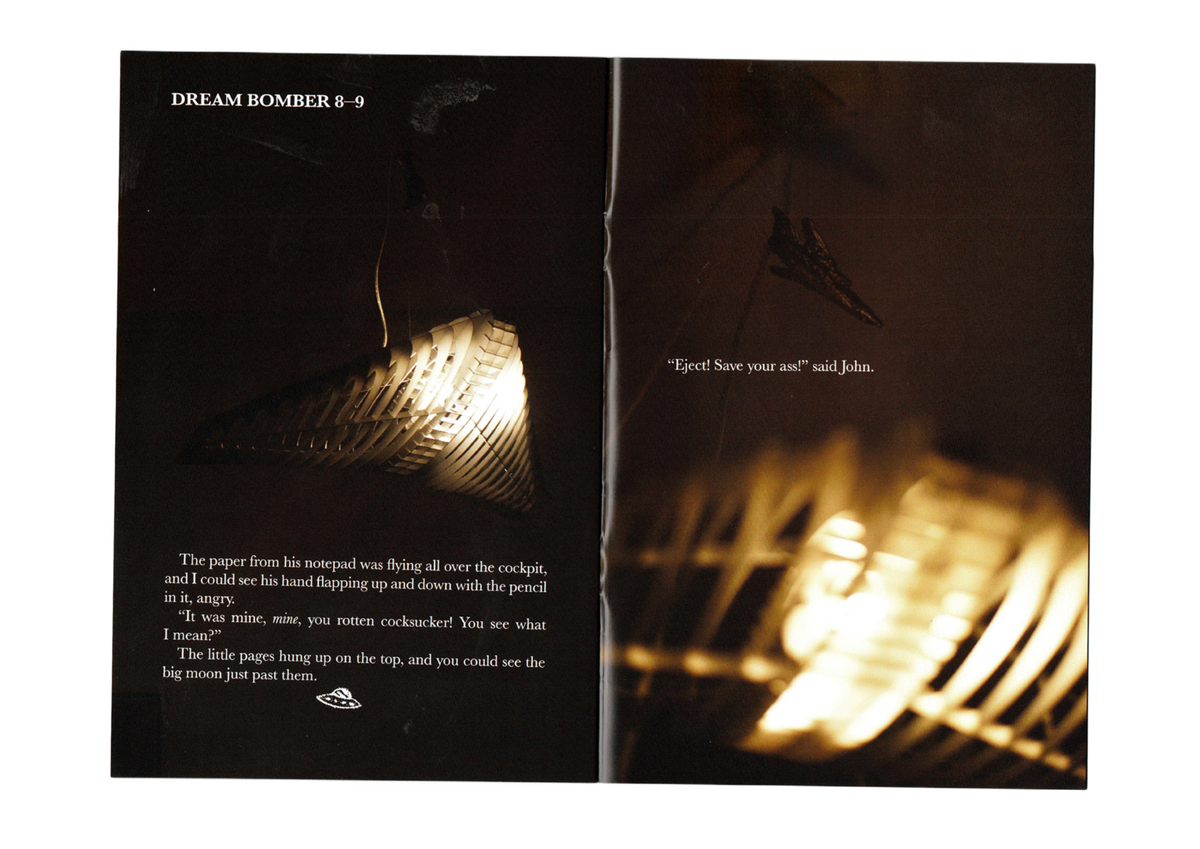 Air Space spread: Dream Bomber pendants 8 and 9 lit gold, facing the story text