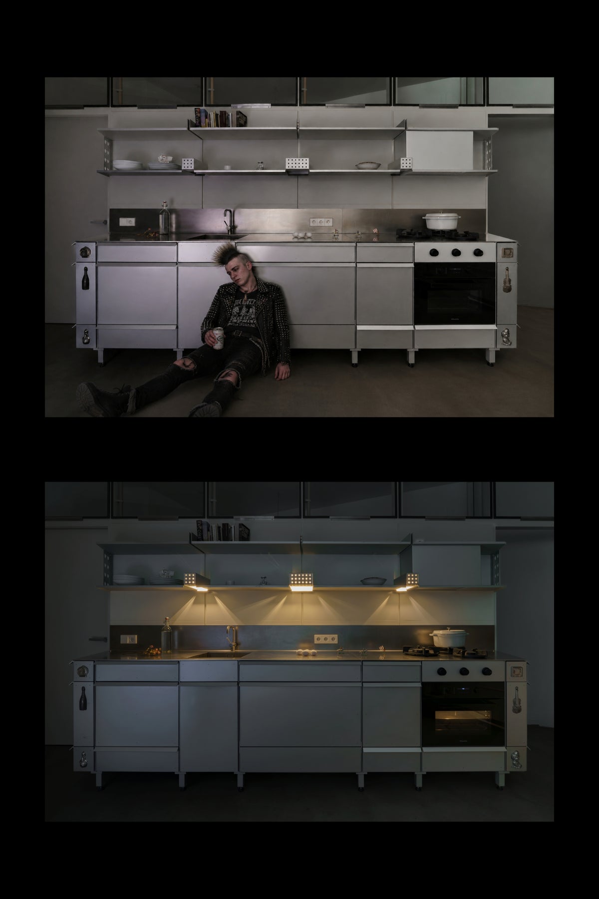 Platten Haus anodised aluminium kitchen system elevation by day and at night.