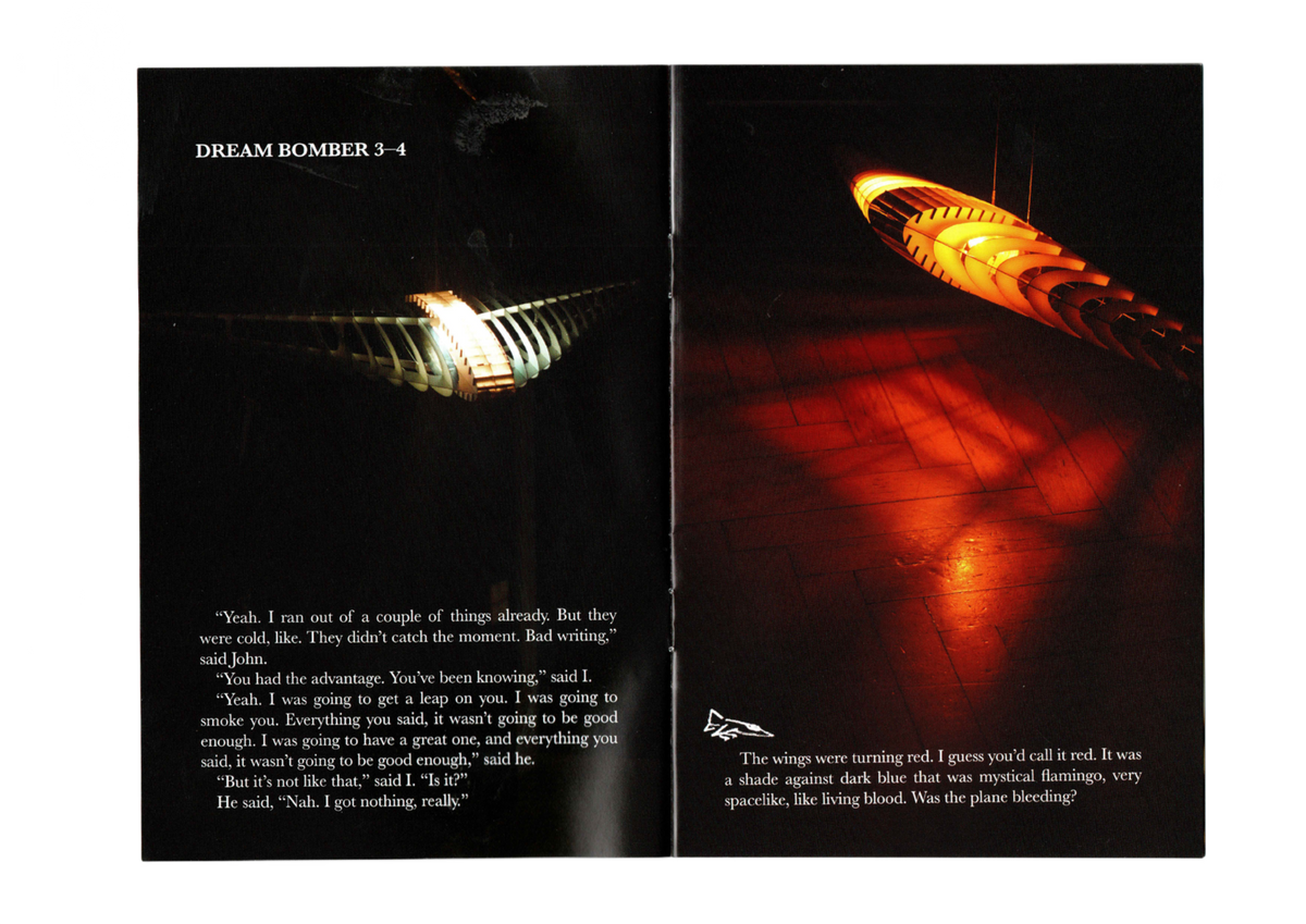 Air Space spread: Dream Bomber pendants 3 and 4, one glowing orange over a tiled floor