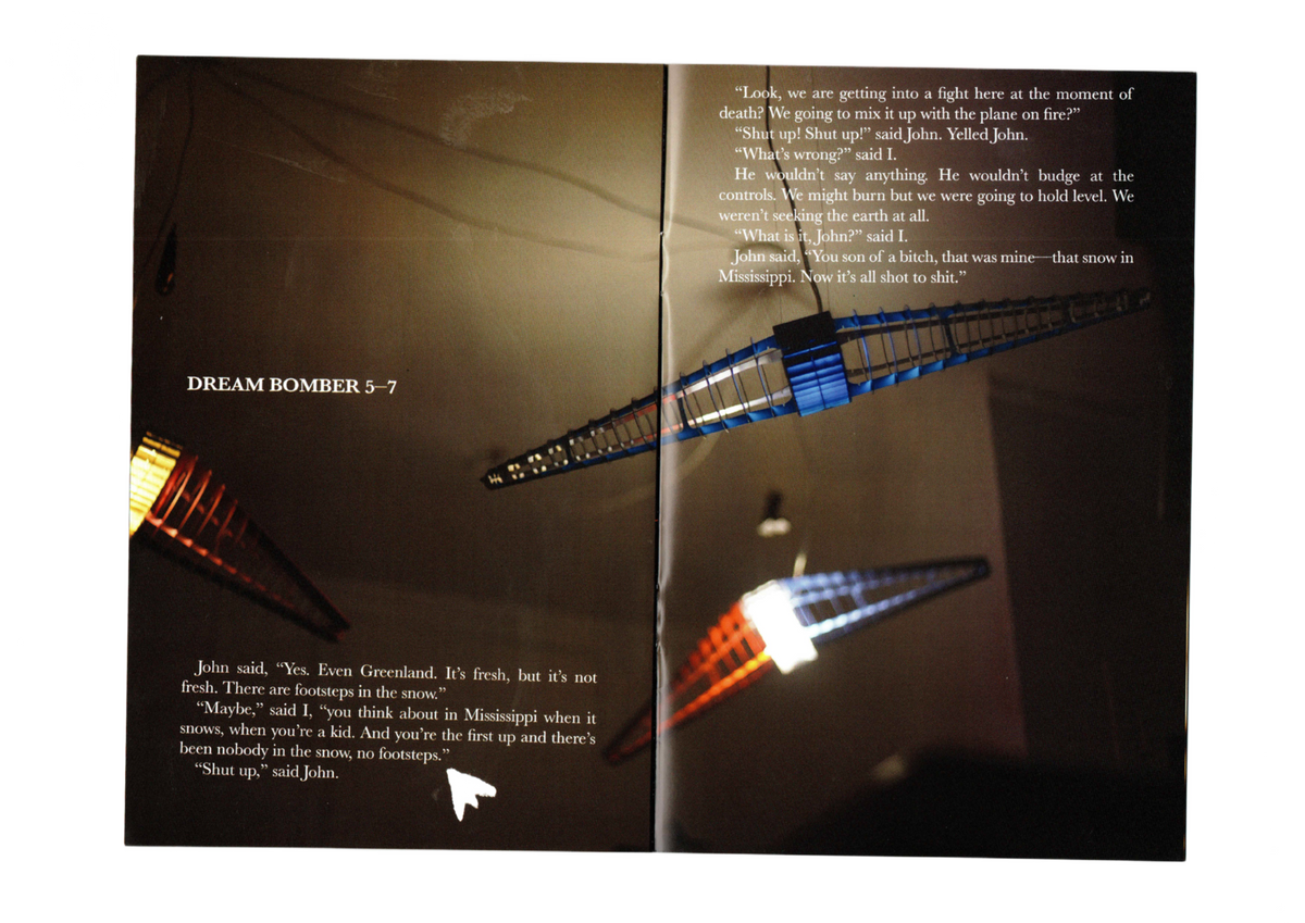 Air Space spread: Dream Bomber pendants 5 to 7 lit blue and orange, hanging in a dark room